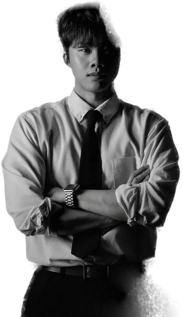 Black and white portrait of founder Hajun Kim against a dark background